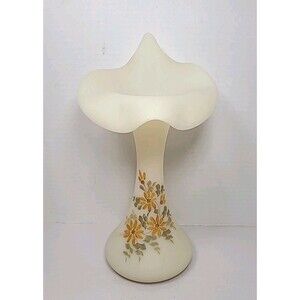 Vintage Fenton Art Glass Hand-Painted Custard Yellow Daisy Jack-In-Pulpit Vase